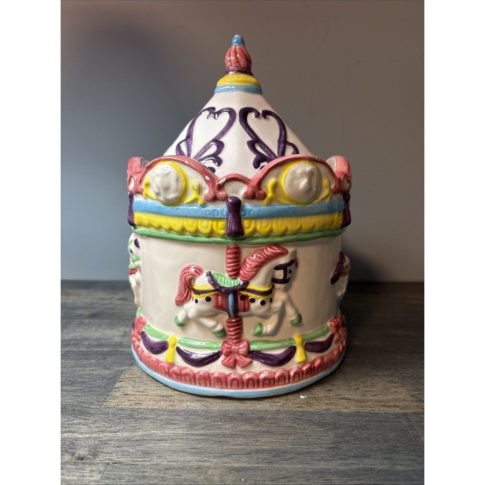 Vtg Ceramic Carousel Horse Cookie Jar with Big Top Lid Whimsical Rare Read